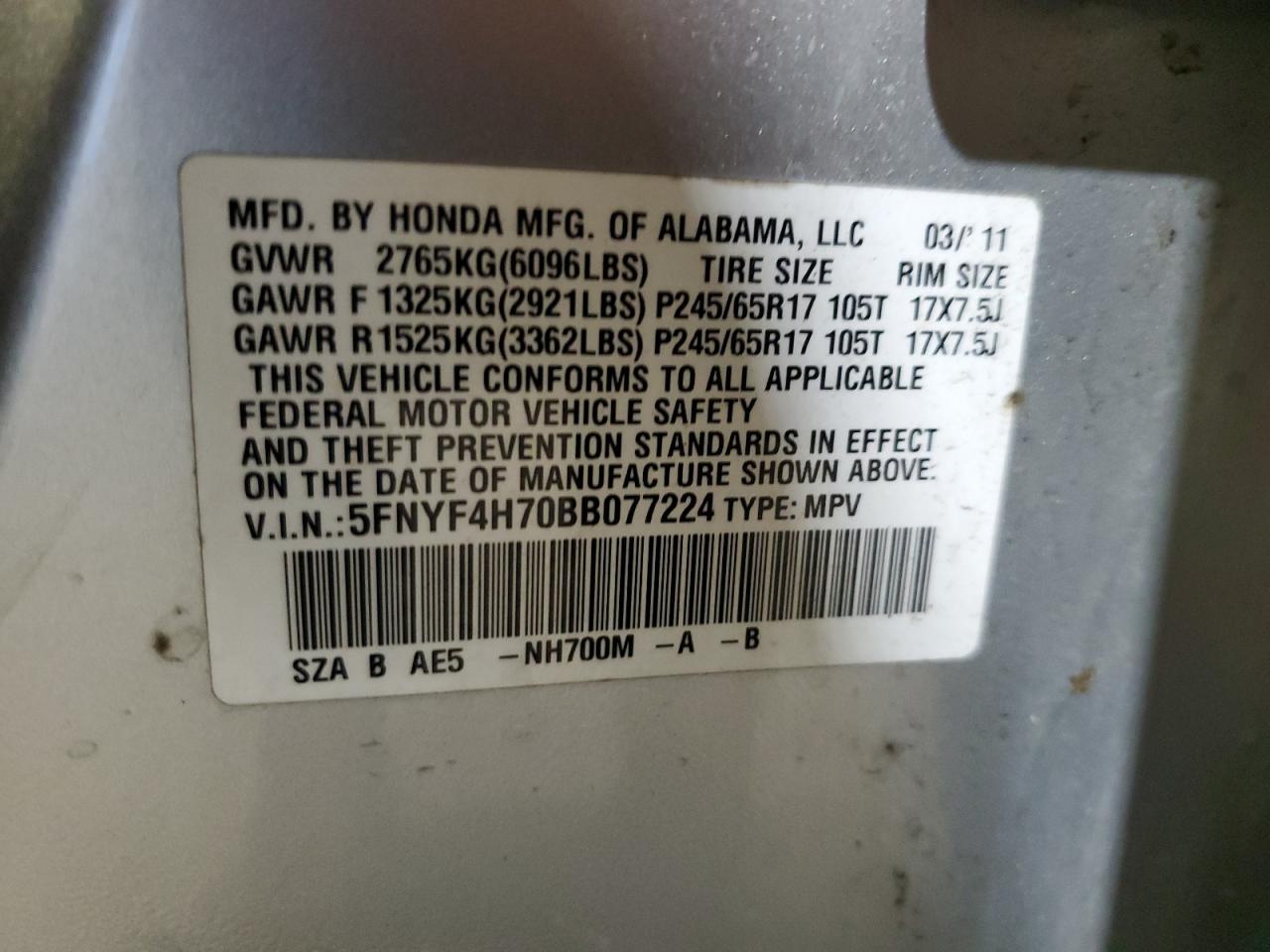 2011 Honda Pilot Exln VIN: 5FNYF4H70BB077224 Lot: 83781335