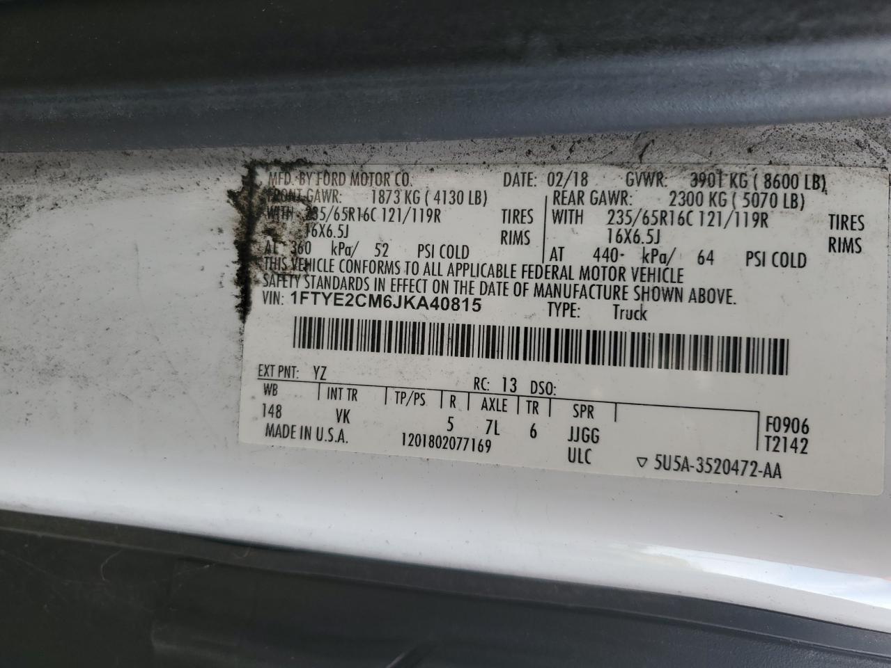 2018 Ford Transit T-150 VIN: 1FTYE2CM6JKA40815 Lot: 84353845