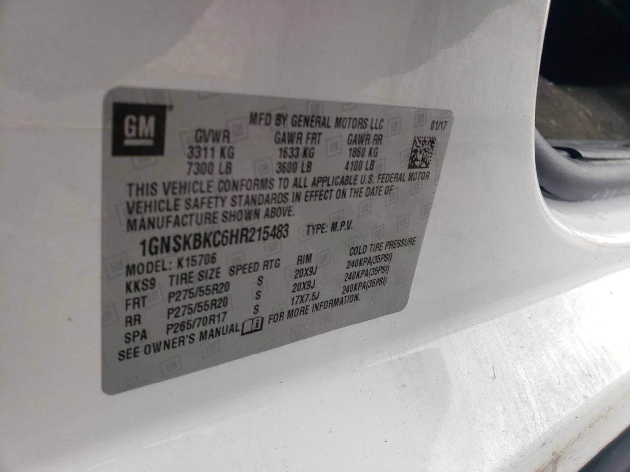 2017 Chevrolet Tahoe K1500 Lt VIN: 1GNSKBKC6HR215483 Lot: 83941625