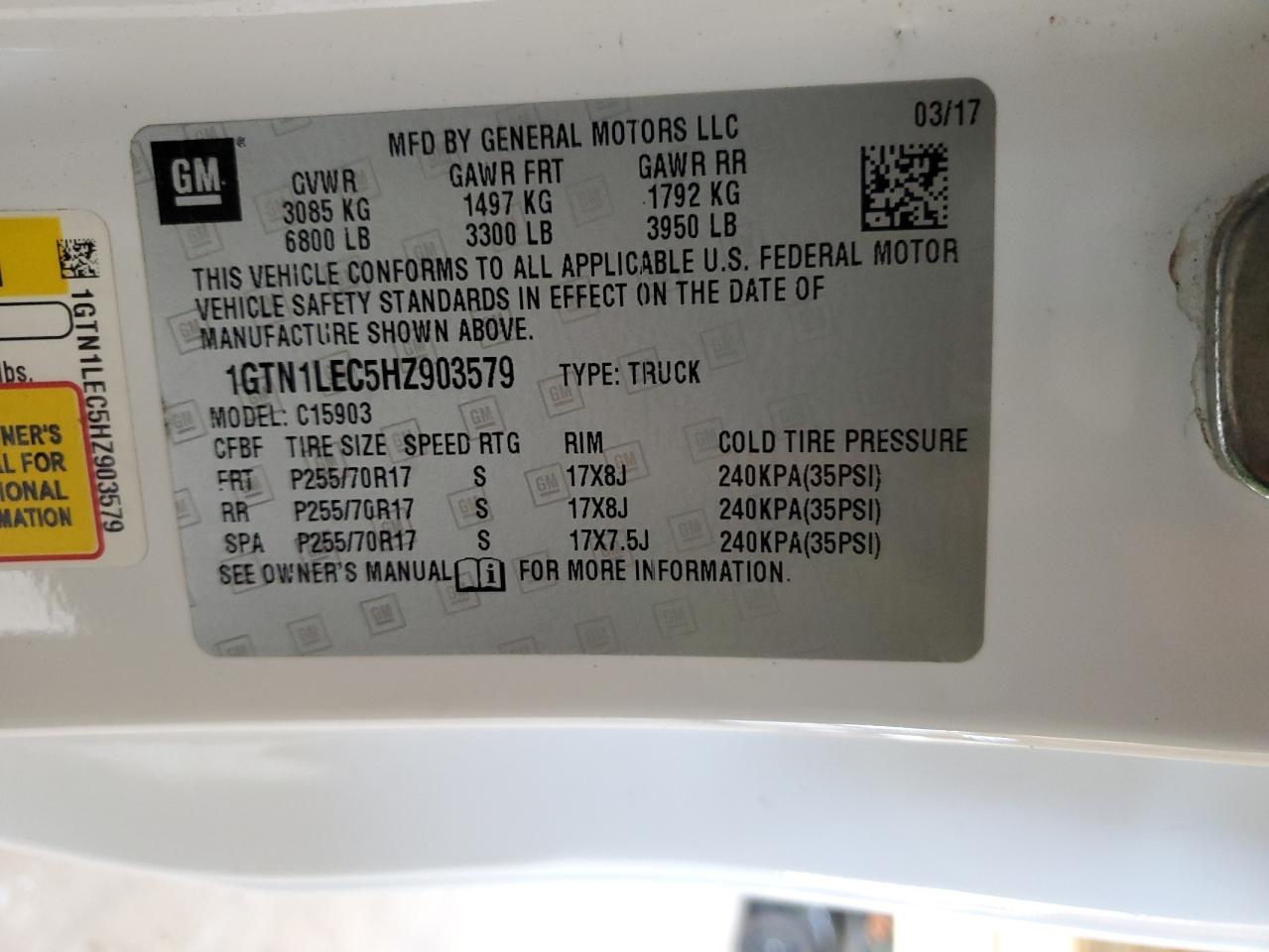 2017 GMC Sierra C1500 VIN: 1GTN1LEC5HZ903579 Lot: 71994605