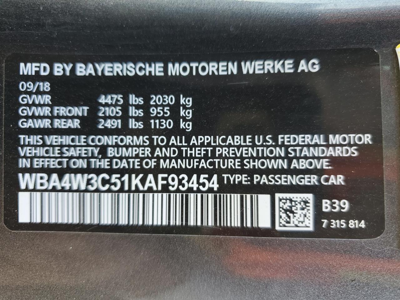 2019 BMW 430I VIN: WBA4W3C51KAF93454 Lot: 71108045