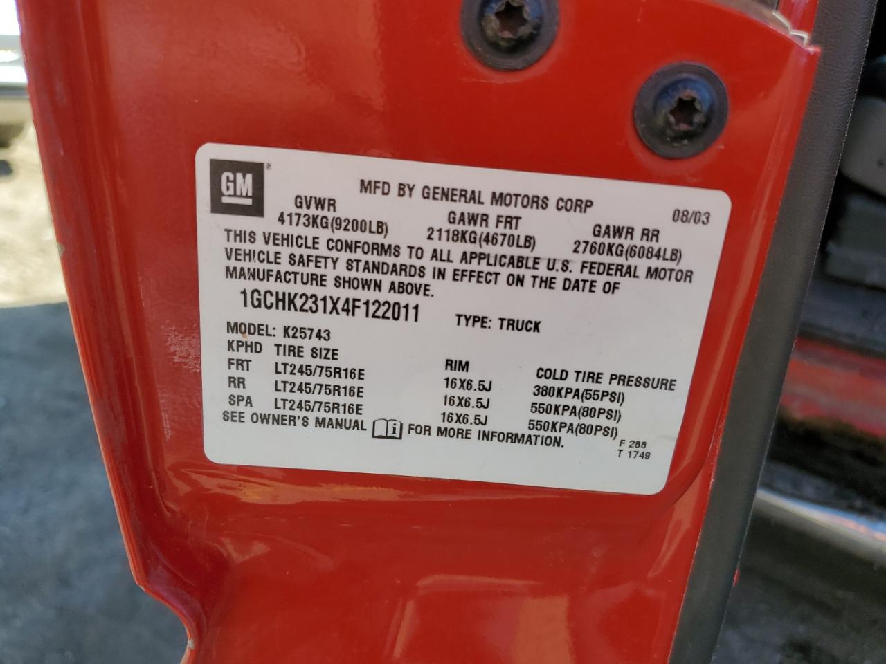 2004 Chevrolet Silverado K2500 Heavy Duty VIN: 1GCHK231X4F122011 Lot: 84369245