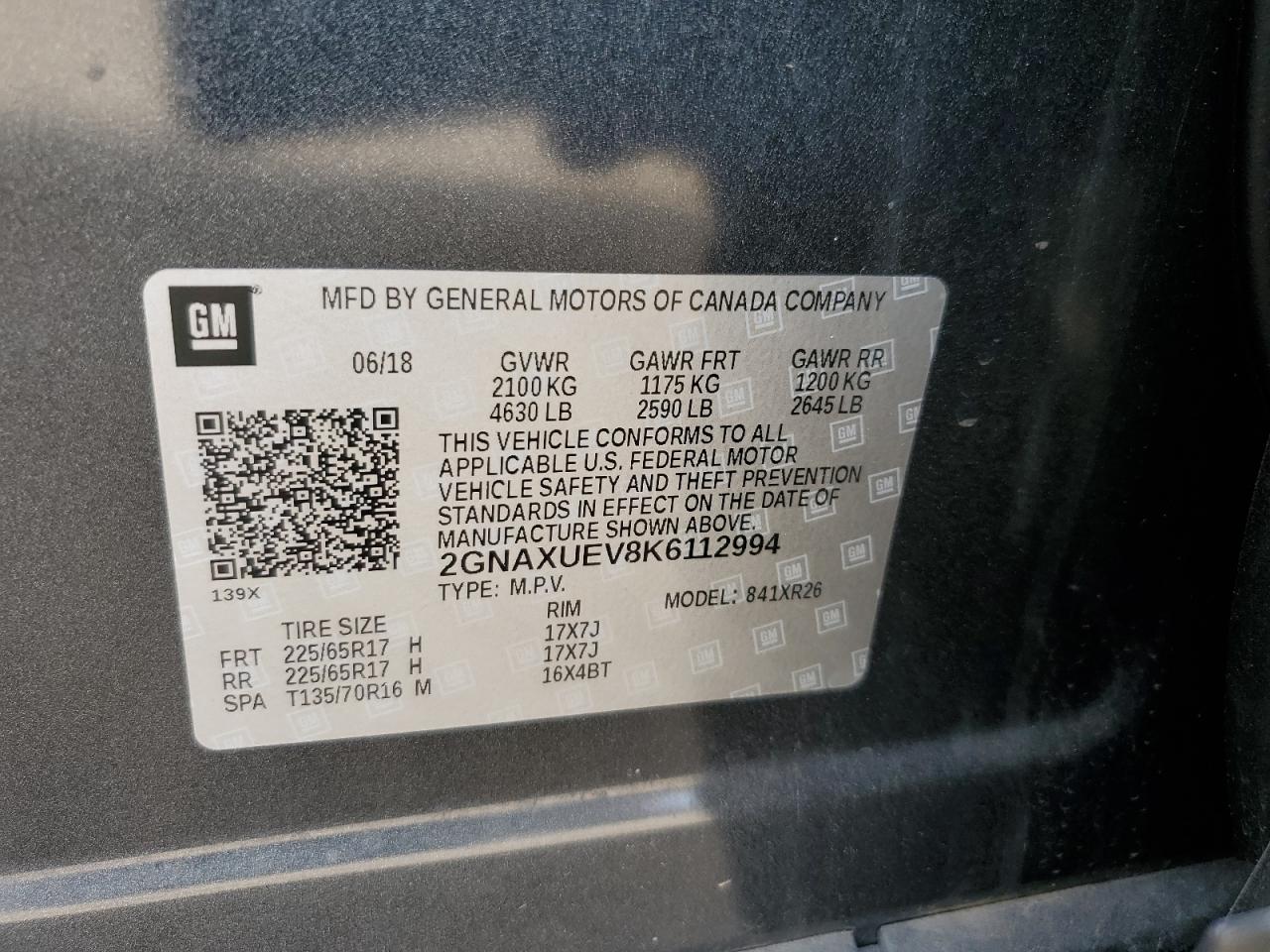 2019 Chevrolet Equinox Lt VIN: 2GNAXUEV8K6112994 Lot: 80094785