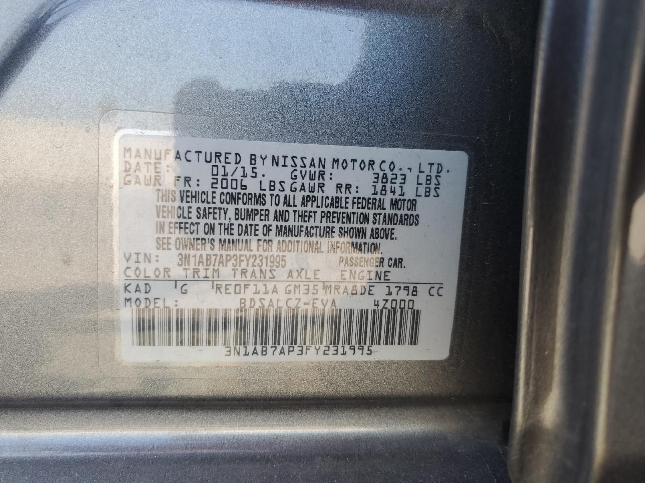 2015 Nissan Sentra S VIN: 3N1AB7AP3FY231995 Lot: 84382965