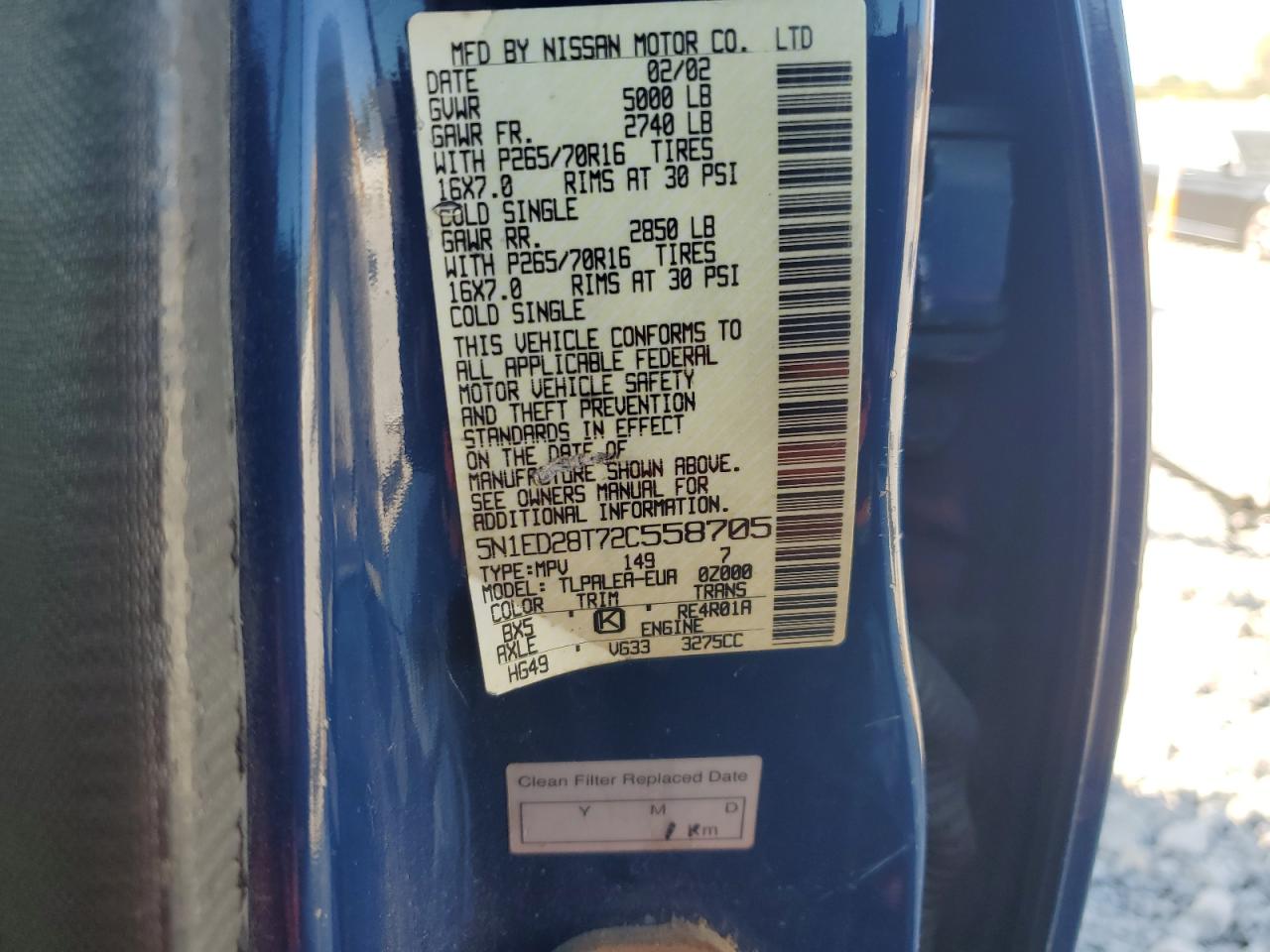 2002 Nissan Xterra Xe VIN: 5N1ED28T72C558705 Lot: 80846365