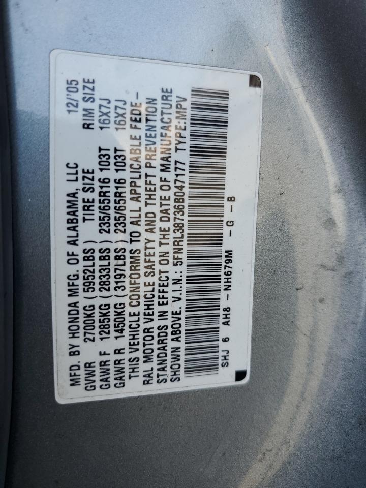 2006 Honda Odyssey Exl VIN: 5FNRL38736B047177 Lot: 81247885