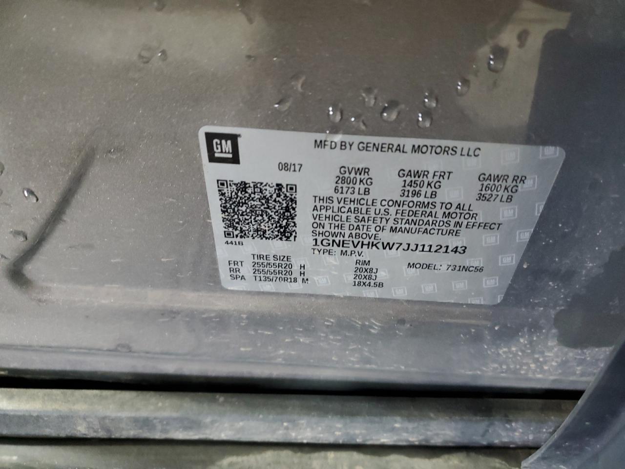 2018 Chevrolet Traverse Lt VIN: 1GNEVHKW7JJ112143 Lot: 81086695