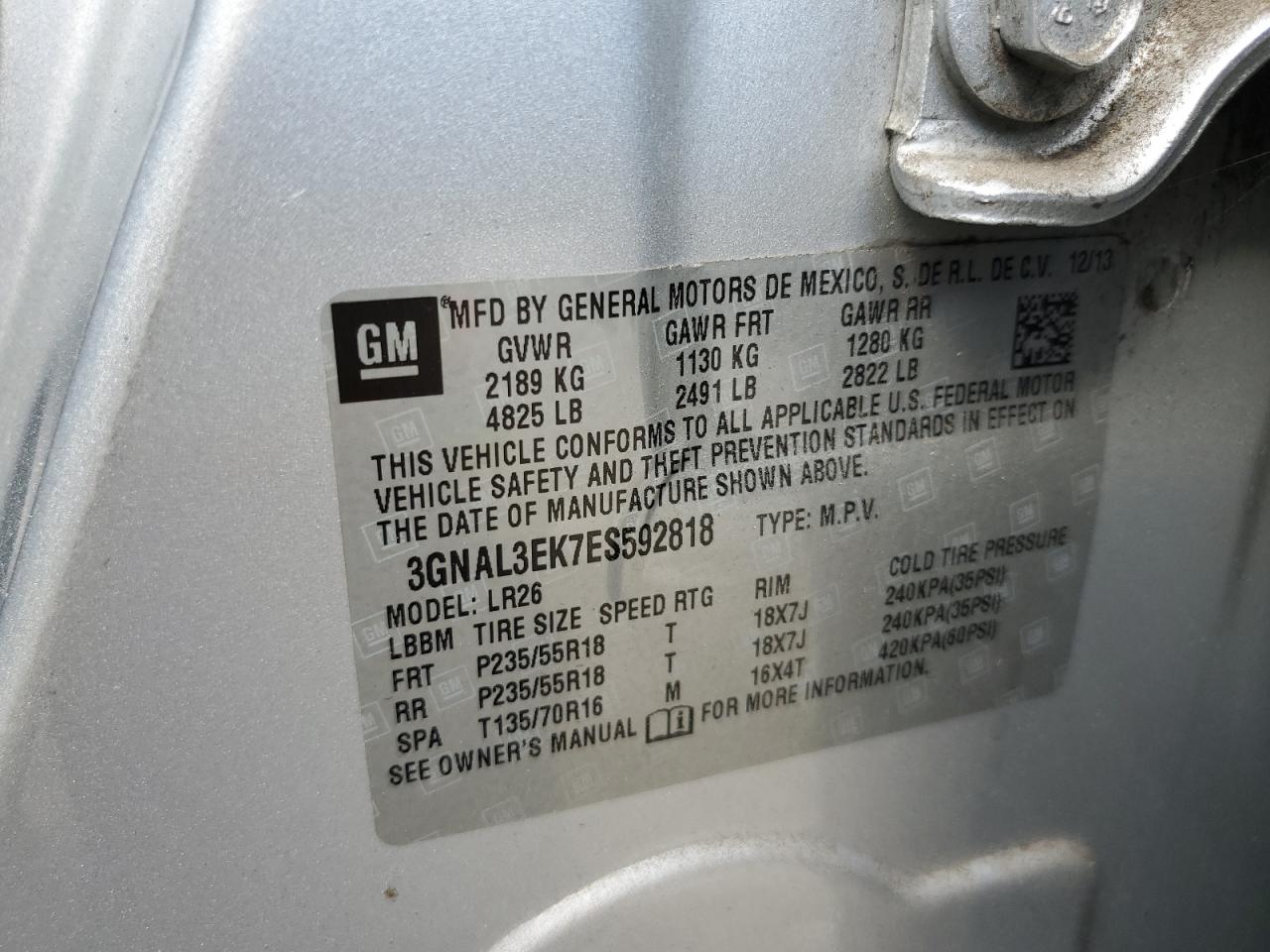 2014 Chevrolet Captiva Lt VIN: 3GNAL3EK7ES592818 Lot: 81520885