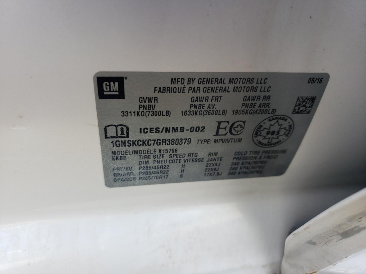 2016 Chevrolet Tahoe K1500 Ltz VIN: 1GNSKCKC7GR380379 Lot: 84171205