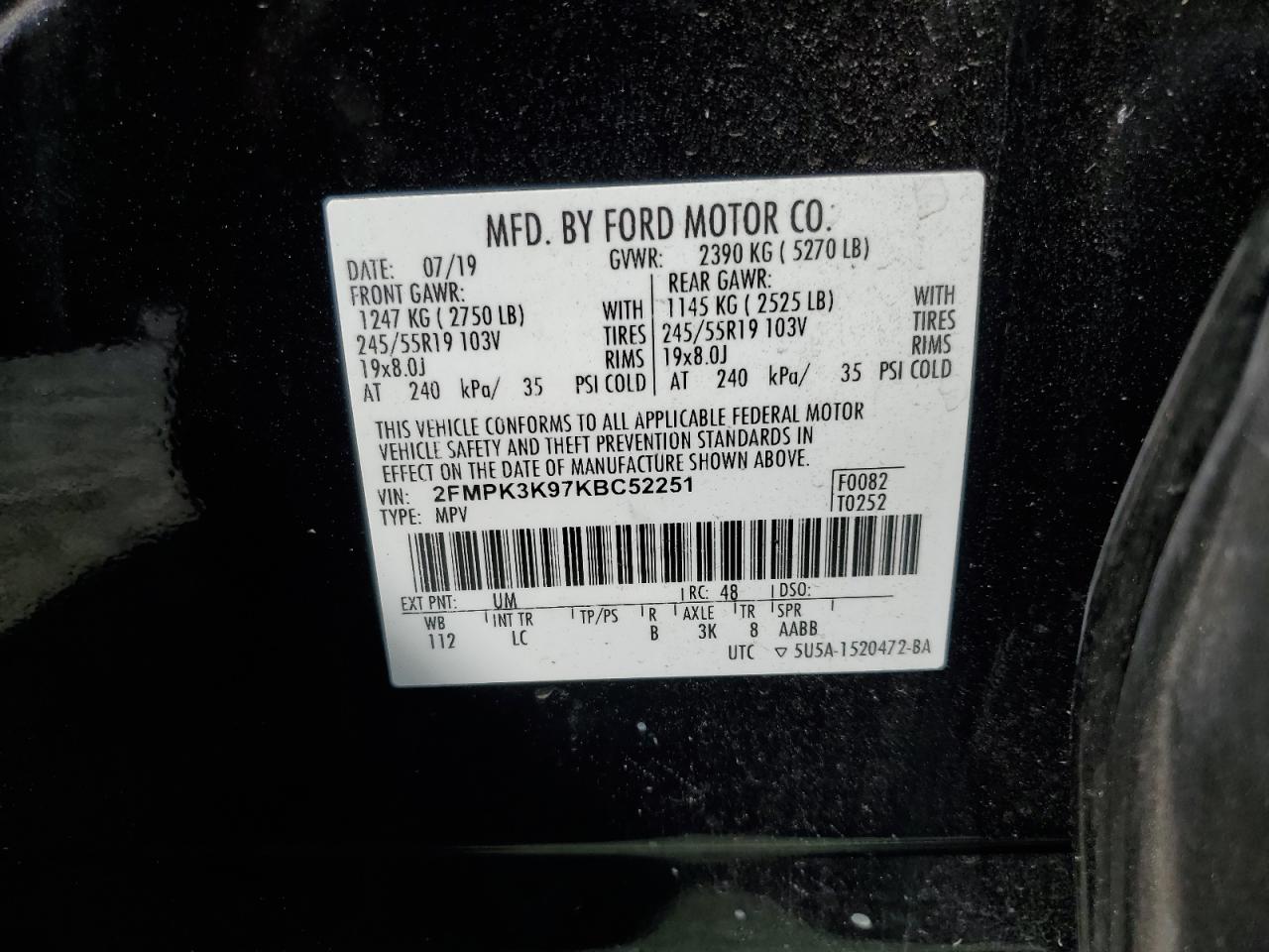 2019 Ford Edge Titanium VIN: 2FMPK3K97KBC52251 Lot: 81662435