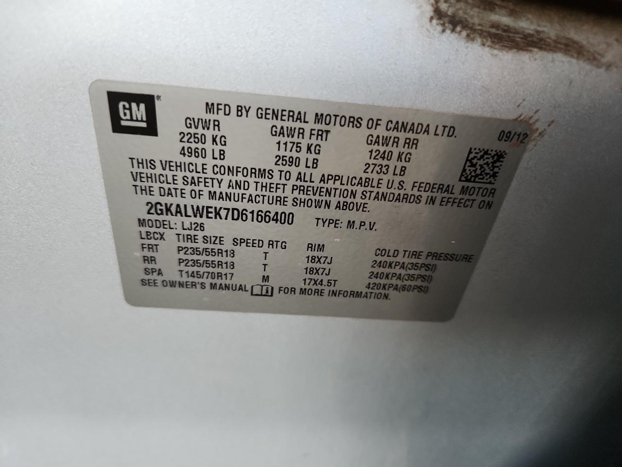 2013 GMC Terrain Slt VIN: 2GKALWEK7D6166400 Lot: 71729305