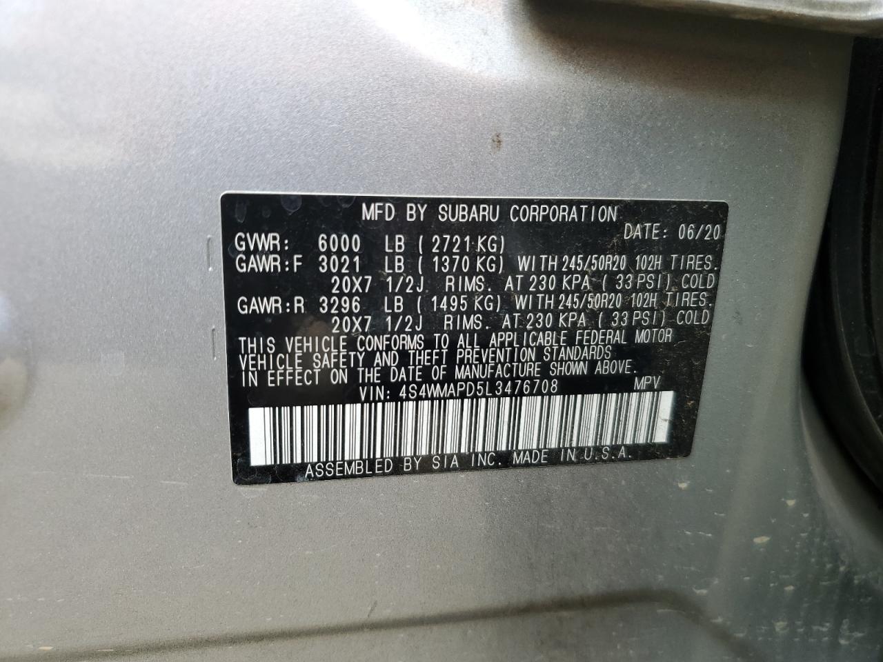 2020 Subaru Ascent Limited VIN: 4S4WMAPD5L3476708 Lot: 71059985