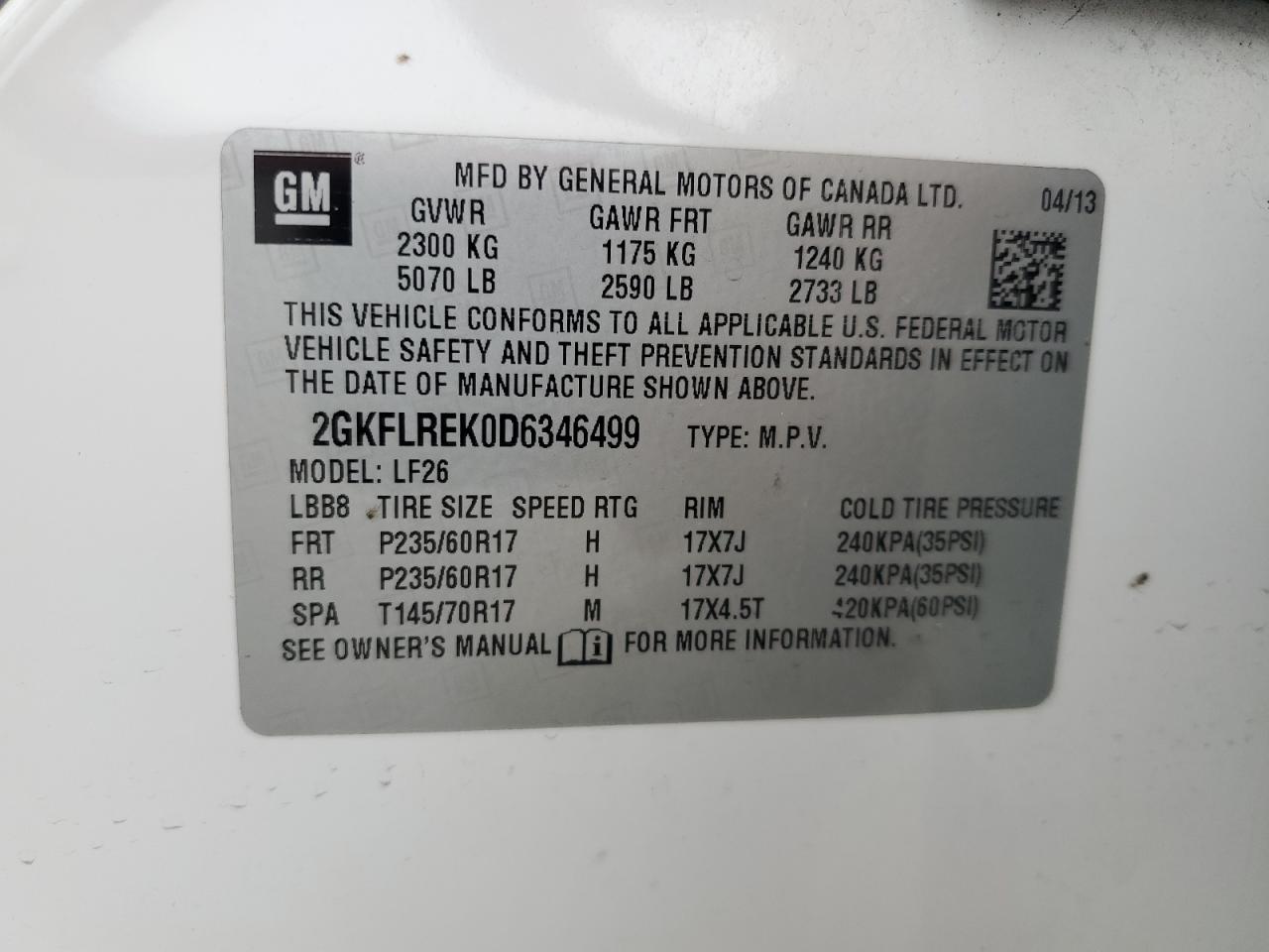 2013 GMC Terrain Sle VIN: 2GKFLREK0D6346499 Lot: 83783375