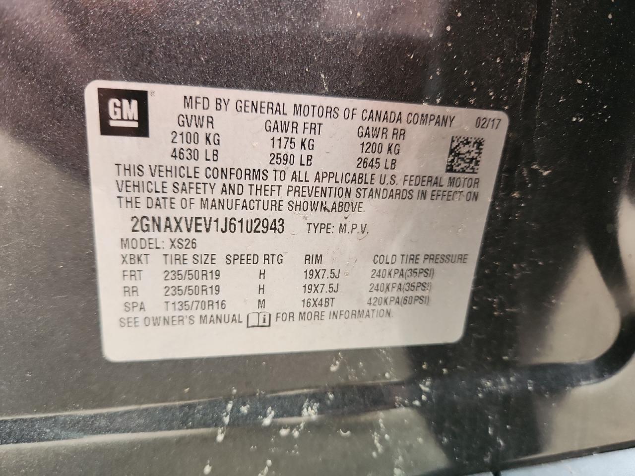 2018 Chevrolet Equinox Premier VIN: 2GNAXVEV1J6102943 Lot: 80314685