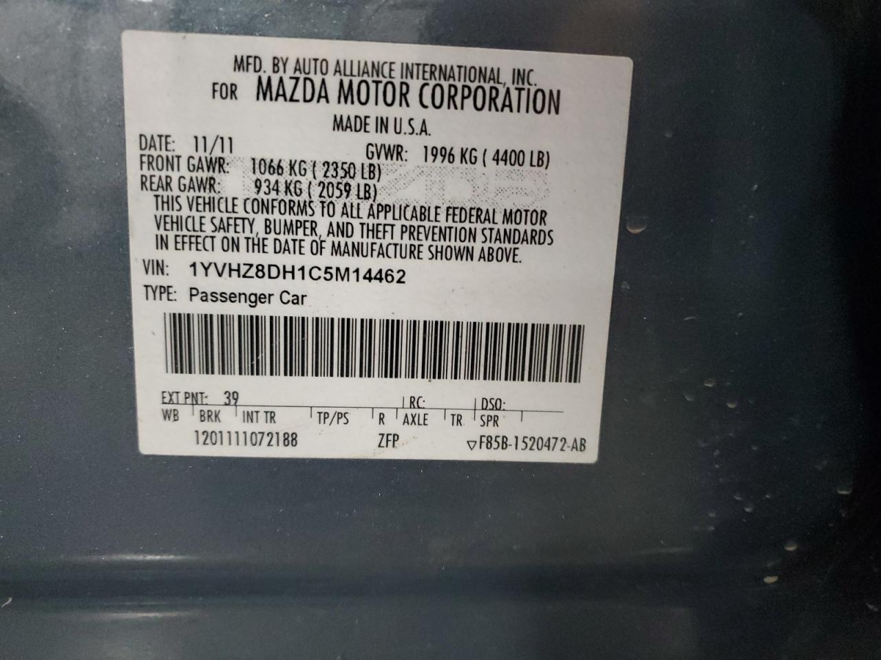 2012 Mazda 6 I VIN: 1YVHZ8DH1C5M14462 Lot: 71587275