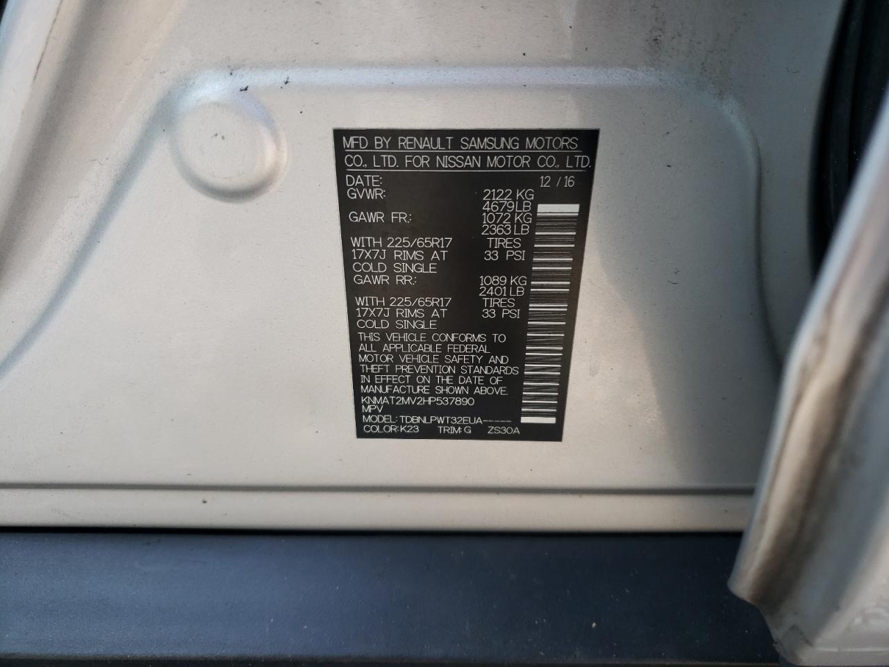 2017 Nissan Rogue S VIN: KNMAT2MV2HP537890 Lot: 84619315