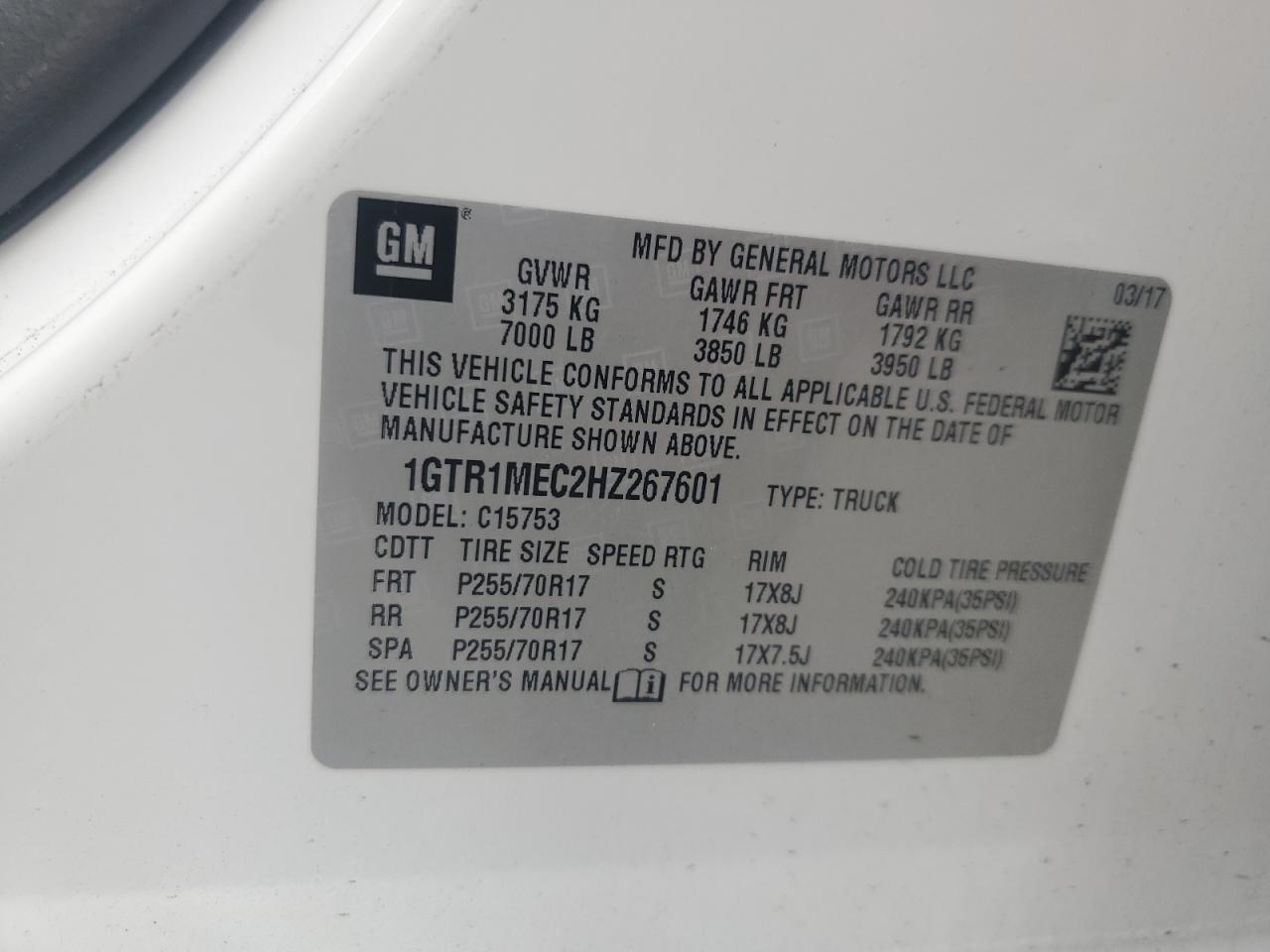 2017 GMC Sierra C1500 Sle VIN: 1GTR1MEC2HZ267601 Lot: 81888305