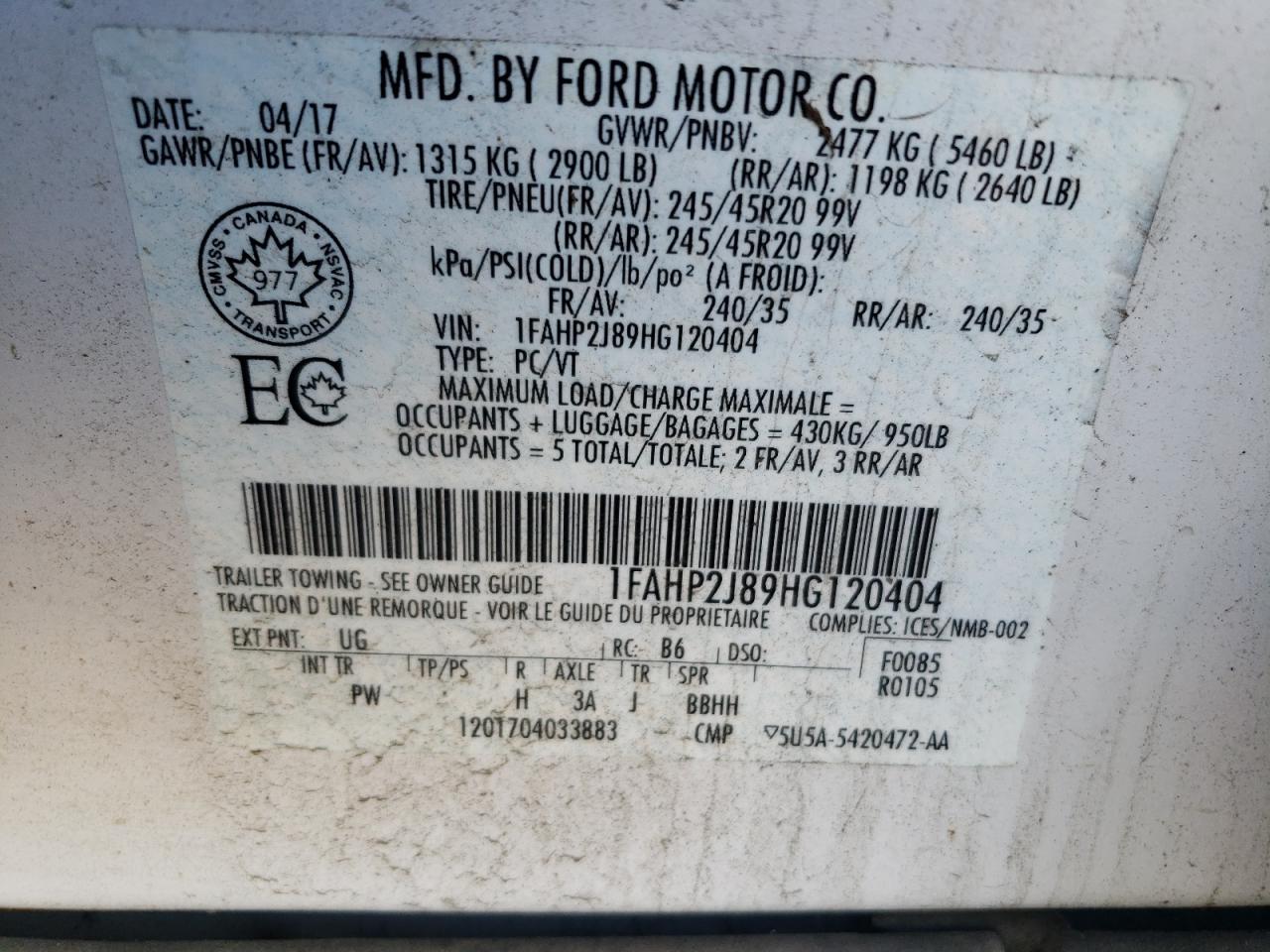 2017 Ford Taurus Limited VIN: 1FAHP2J89HG120404 Lot: 80832075