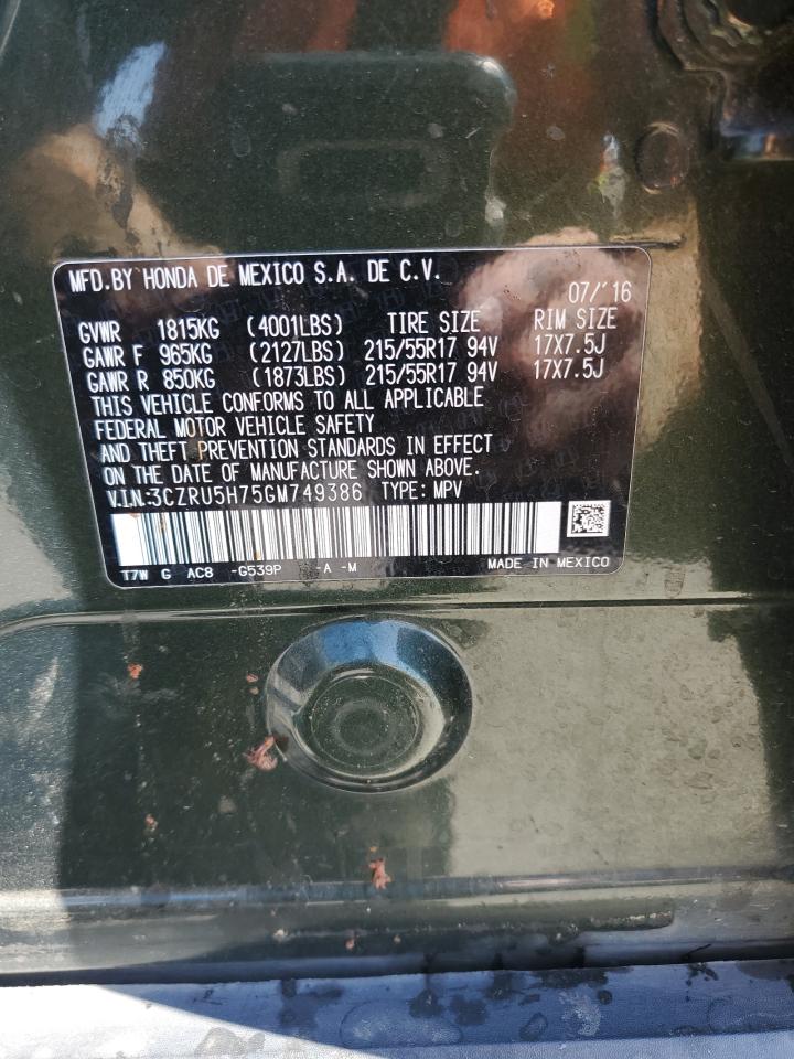 2016 Honda Hr-V Exl VIN: 3CZRU5H75GM749386 Lot: 81085335