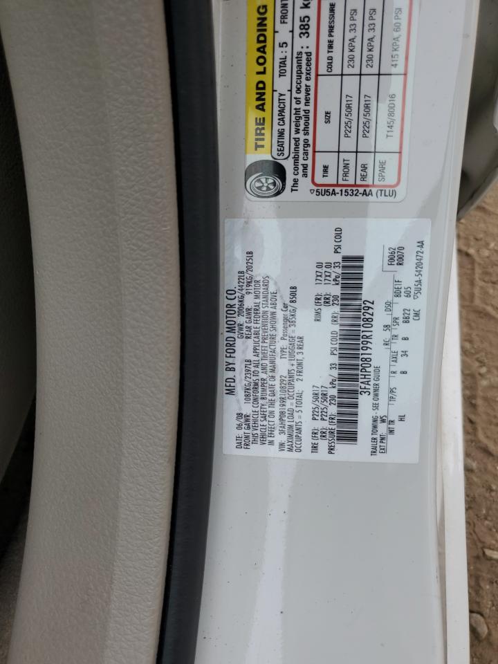 2009 Ford Fusion Sel VIN: 3FAHP08199R108292 Lot: 81597895