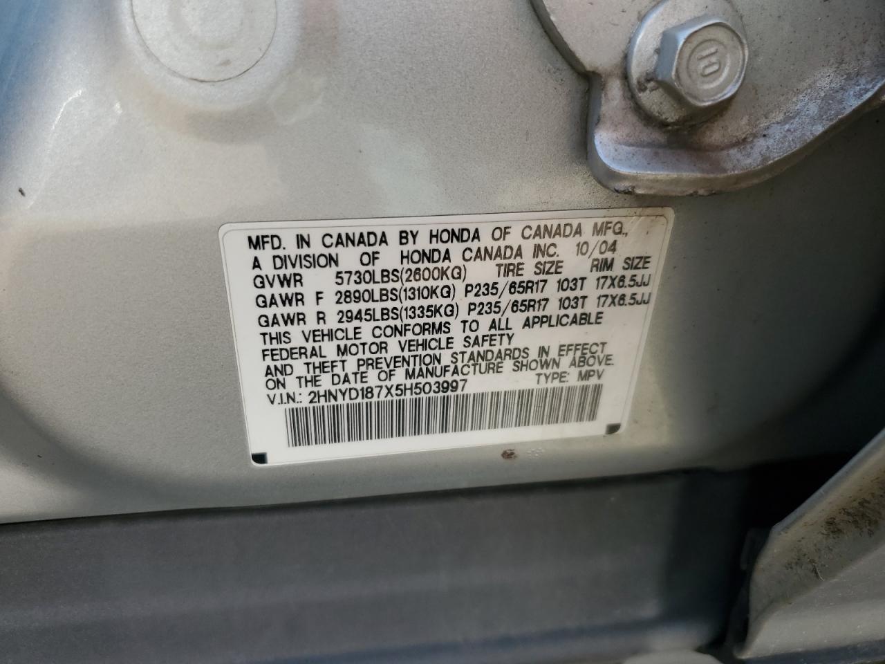 2005 Acura Mdx Touring VIN: 2HNYD187X5H503997 Lot: 71176385