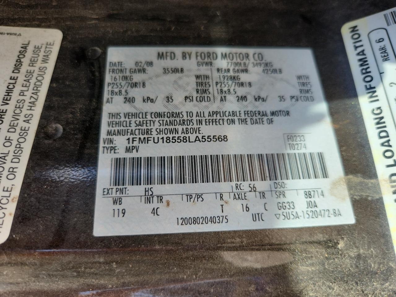 2008 Ford Expedition Eddie Bauer VIN: 1FMFU18558LA55568 Lot: 81223605