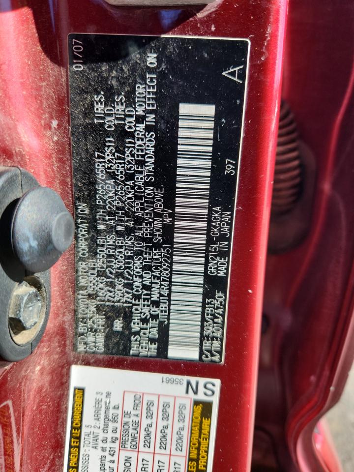 2007 Toyota 4Runner Sr5 VIN: JTEBU14R478092751 Lot: 84459505