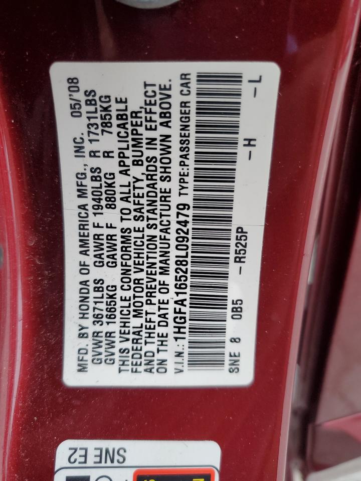 2008 Honda Civic Lx VIN: 1HGFA16528L092479 Lot: 84563975