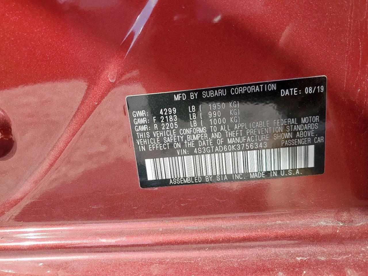 2019 Subaru Impreza Premium VIN: 4S3GTAD60K3756343 Lot: 81938265