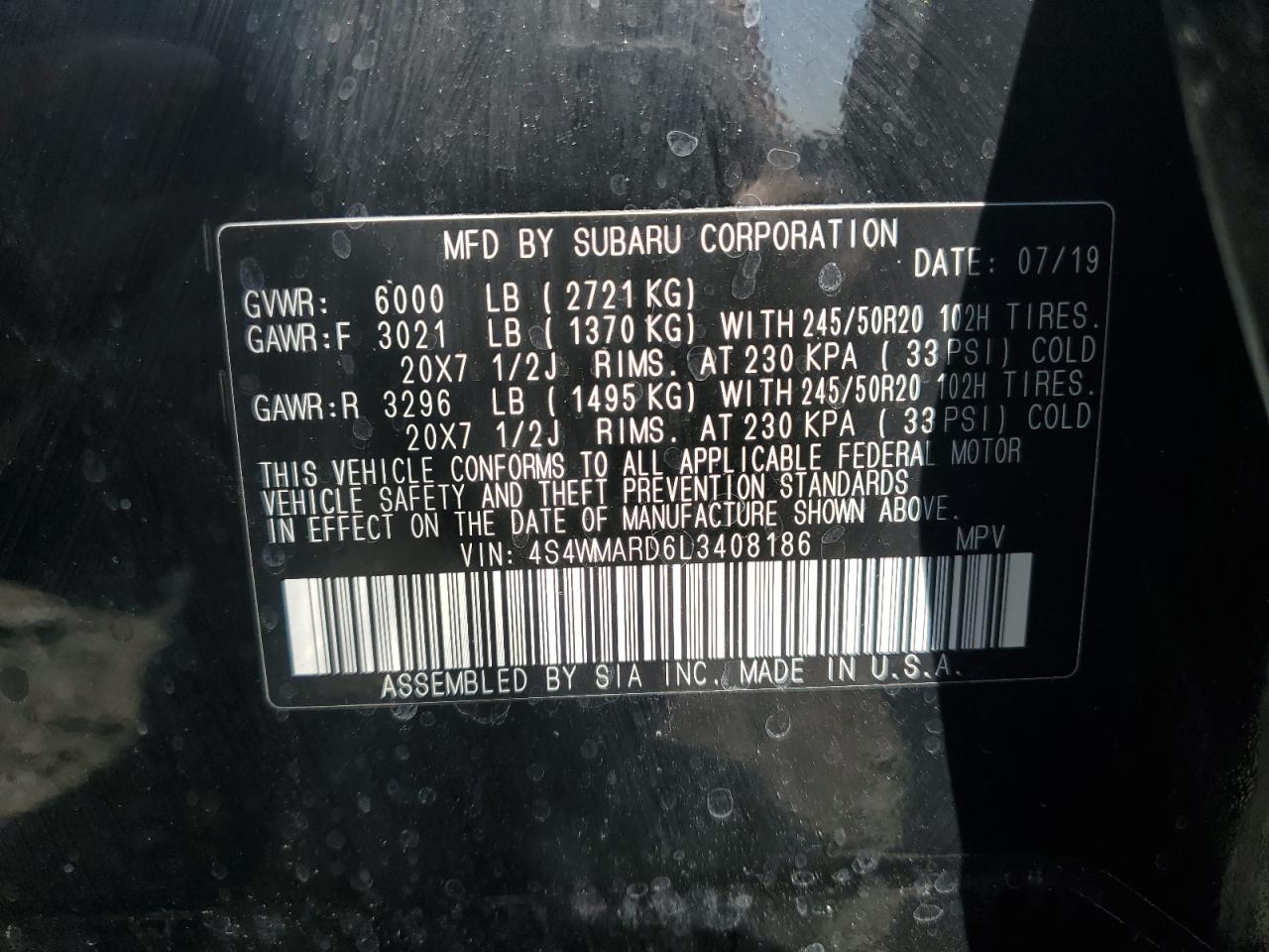 2020 Subaru Ascent Touring VIN: 4S4WMARD6L3408186 Lot: 81431875