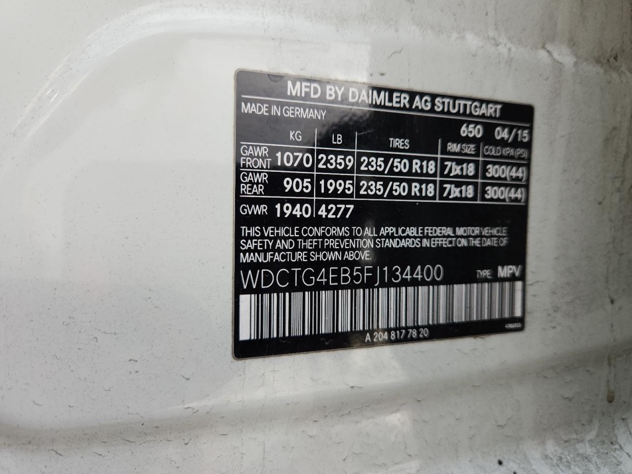 2015 Mercedes-Benz Gla 250 VIN: WDCTG4EB5FJ134400 Lot: 84043825