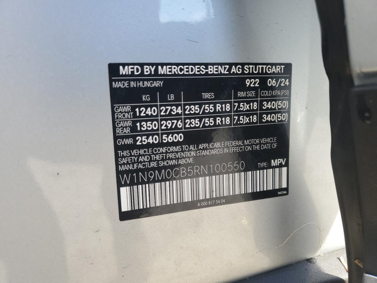 2024 Mercedes-Benz Eqb 250+ VIN: W1N9M0CB5RN100550 Lot: 80224925