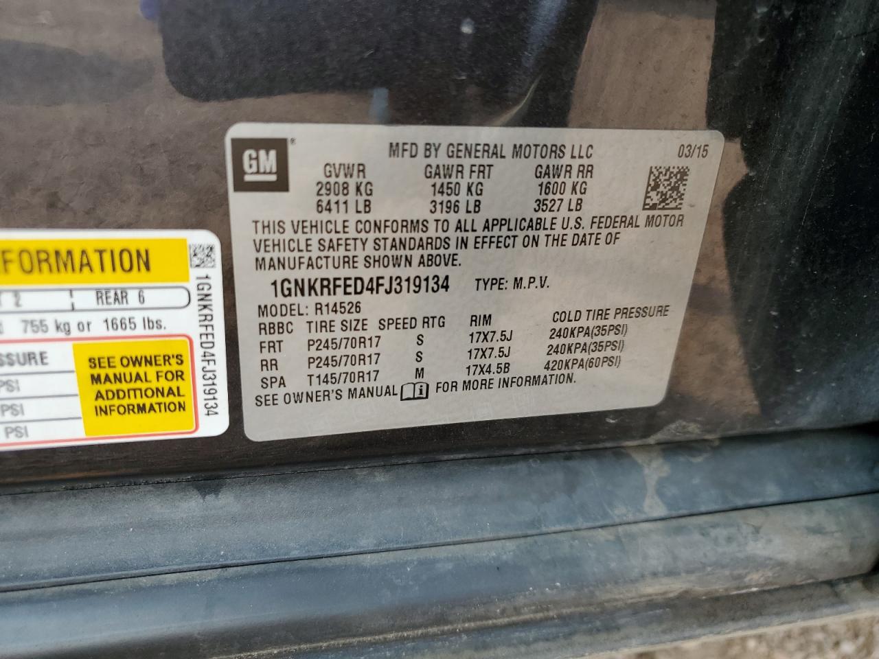 2015 Chevrolet Traverse Ls VIN: 1GNKRFED4FJ319134 Lot: 70439995