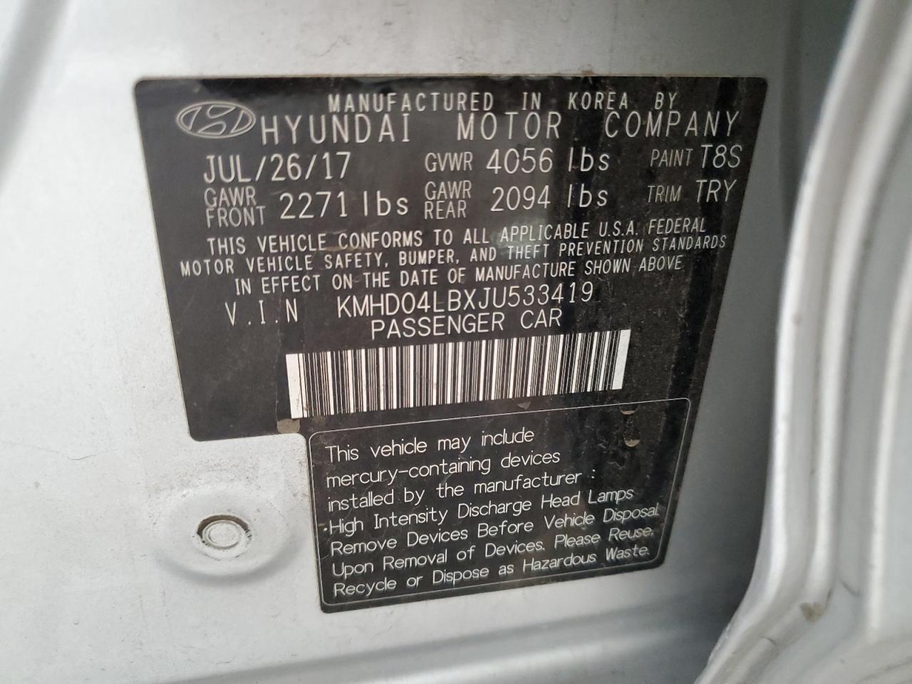 2018 Hyundai Elantra Sport VIN: KMHD04LBXJU533419 Lot: 81162055