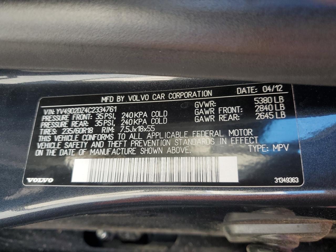 2012 Volvo Xc60 T6 VIN: YV4902DZ4C2334761 Lot: 83758025