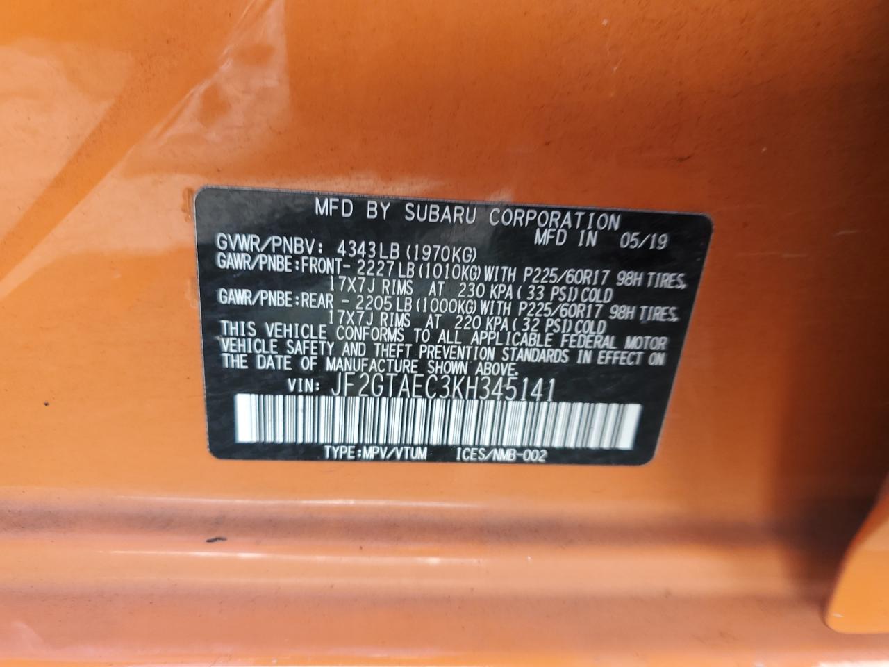 2019 Subaru Crosstrek Premium VIN: JF2GTAEC3KH345141 Lot: 81515705