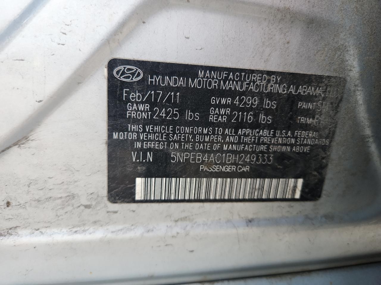 2011 Hyundai Sonata Gls VIN: 5NPEB4AC1BH249333 Lot: 71684795