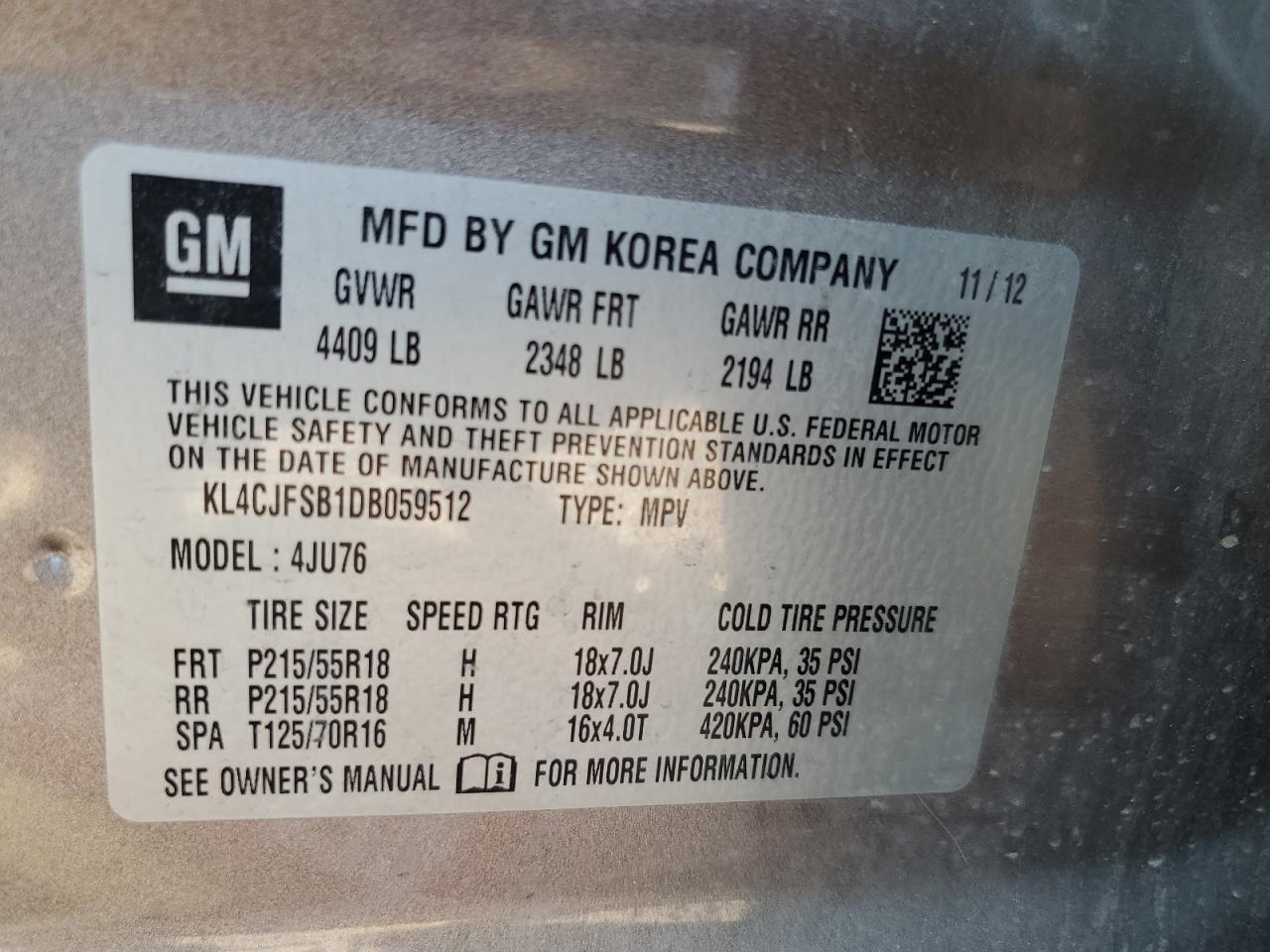 2013 Buick Encore Convenience VIN: KL4CJFSB1DB059512 Lot: 71663785