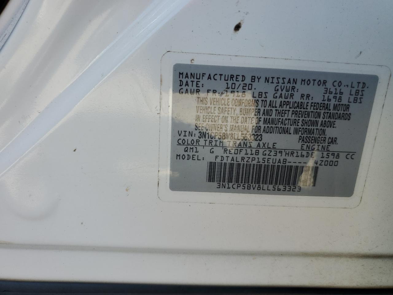 2020 Nissan Kicks S VIN: 3N1CP5BV8LL563323 Lot: 81226255