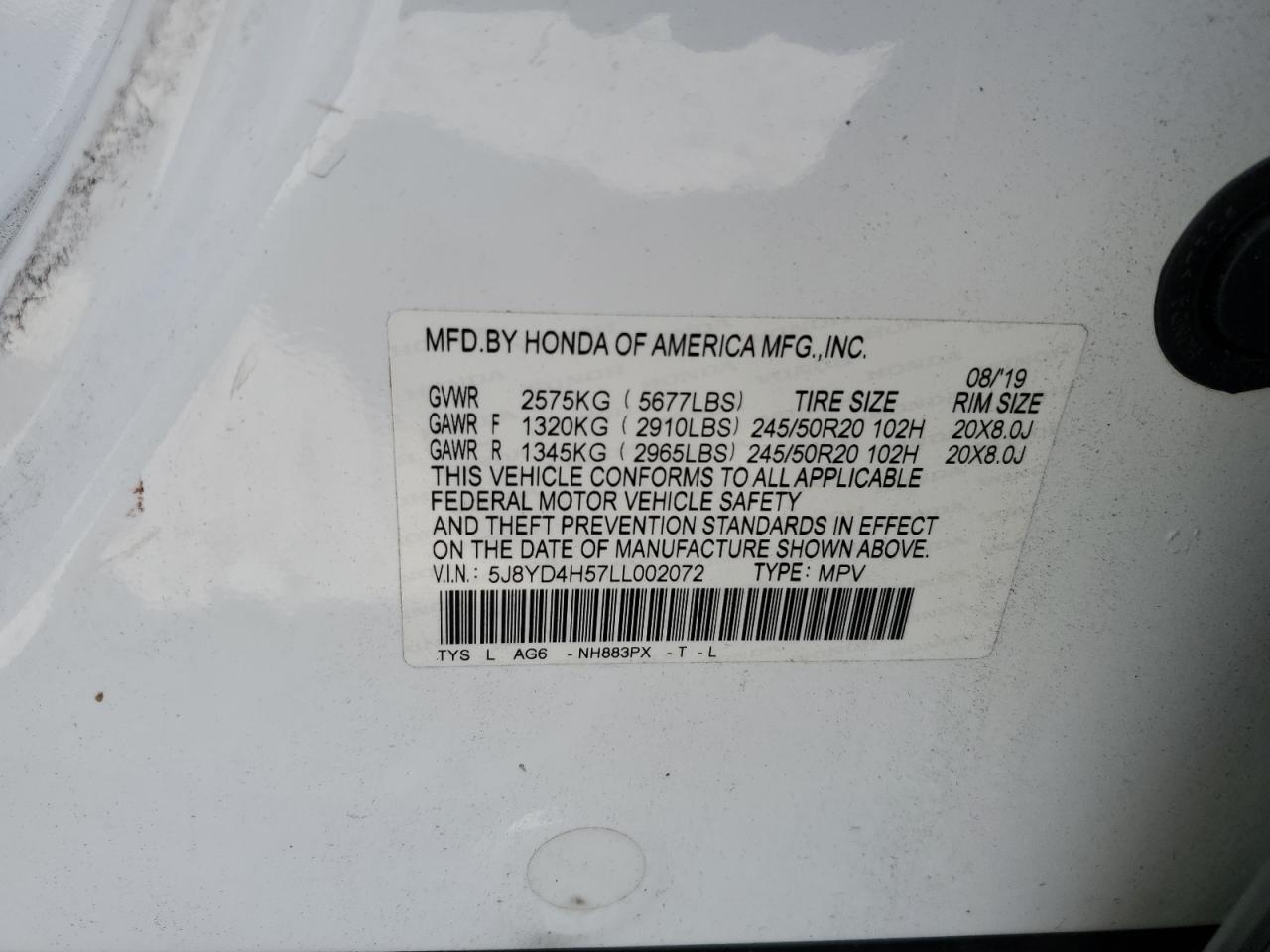 2020 Acura Mdx Technology VIN: 5J8YD4H57LL002072 Lot: 71658905