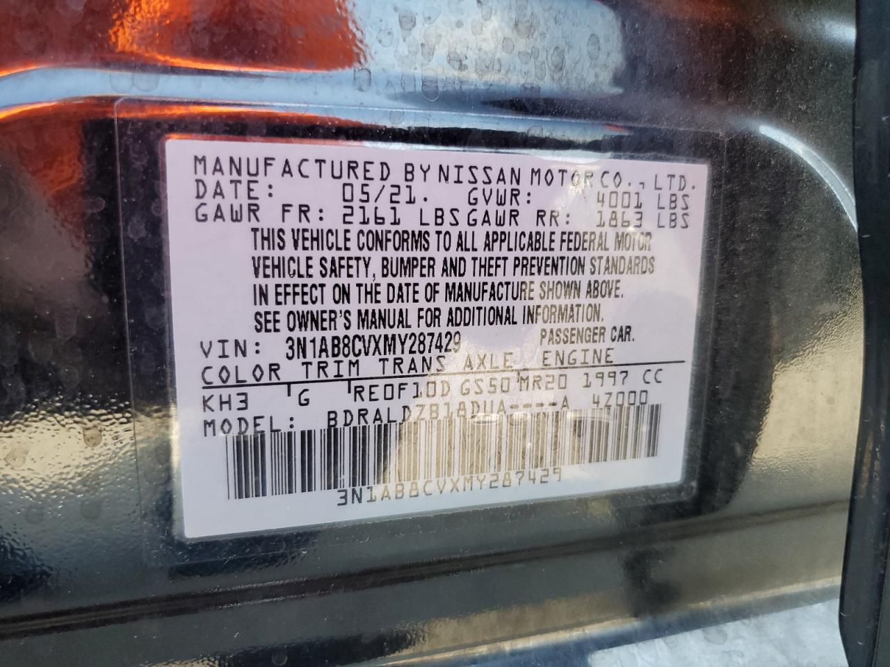 2021 Nissan Sentra Sv VIN: 3N1AB8CVXMY287429 Lot: 81380185