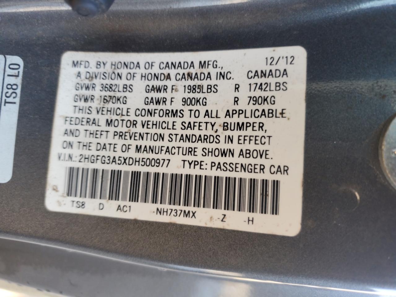 2013 Honda Civic Lx VIN: 2HGFG3A5XDH500977 Lot: 83863565