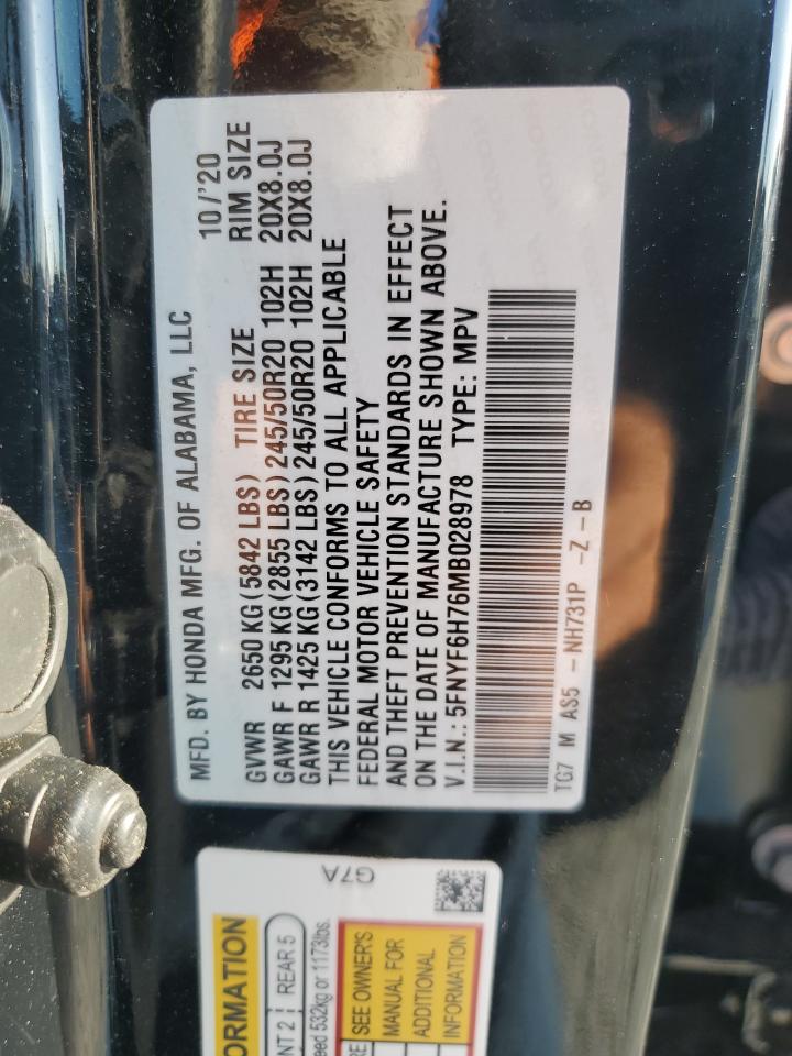 2021 Honda Pilot Black VIN: 5FNYF6H76MB028978 Lot: 71911075