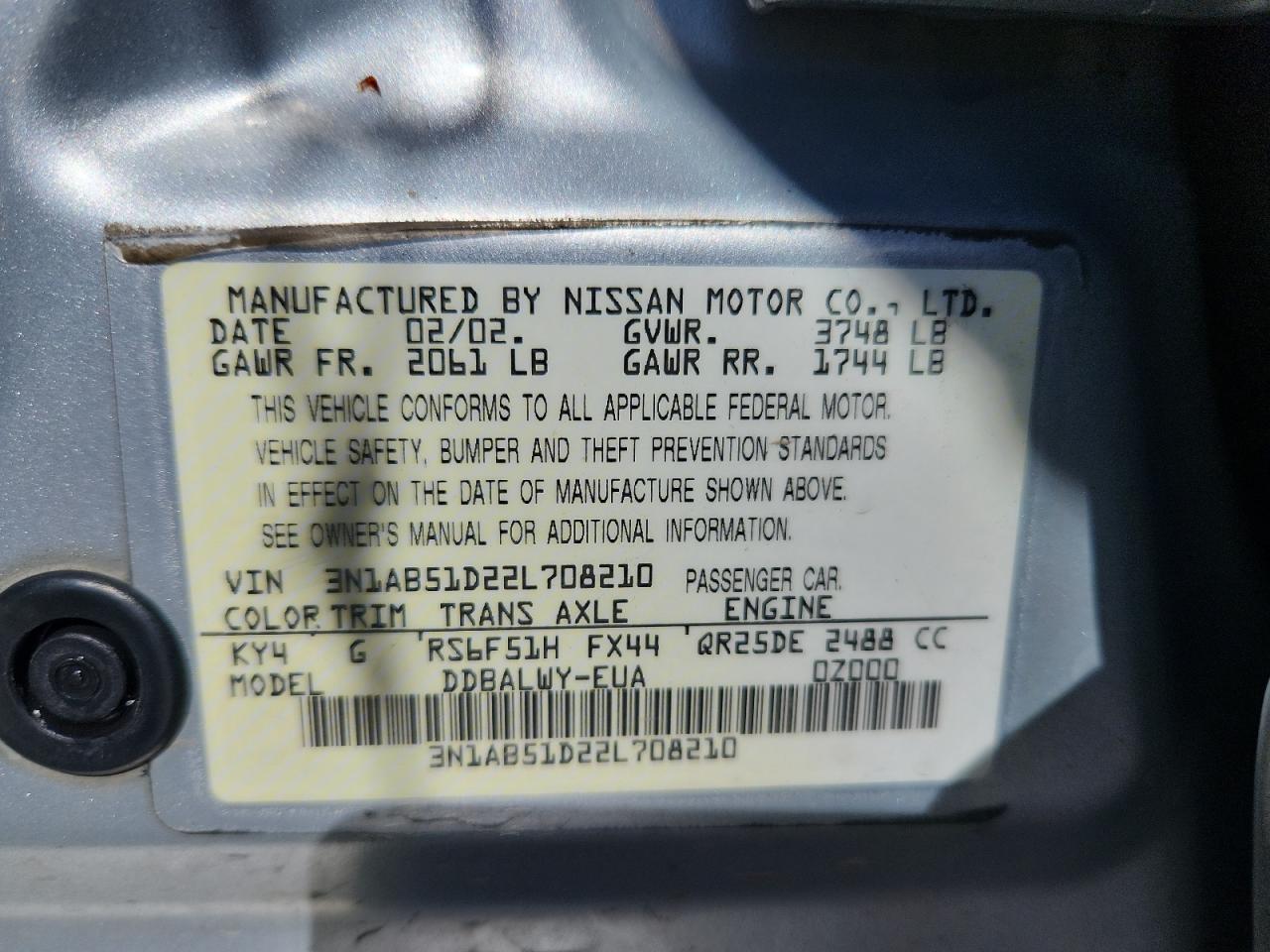 2002 Nissan Sentra Se-R Spec V VIN: 3N1AB51D22L708210 Lot: 80396765