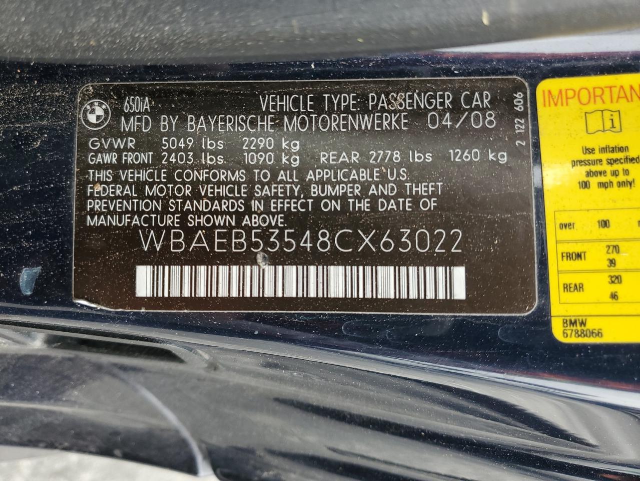 2008 BMW 650 I VIN: WBAEB53548CX63022 Lot: 83851935