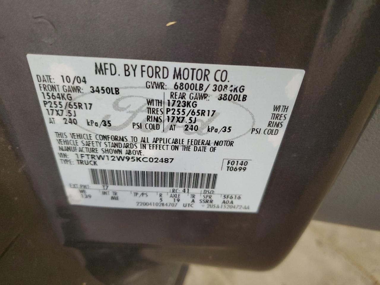 2005 Ford F150 Supercrew VIN: 1FTRW12W95KC02487 Lot: 80309475