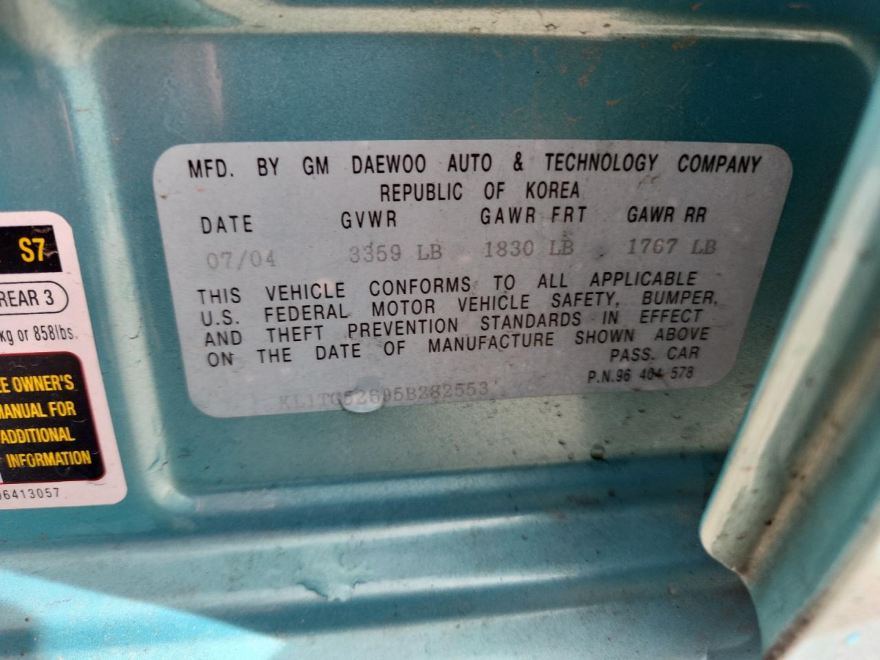 2005 Chevrolet Aveo Lt VIN: KL1TG52695B282553 Lot: 82070895