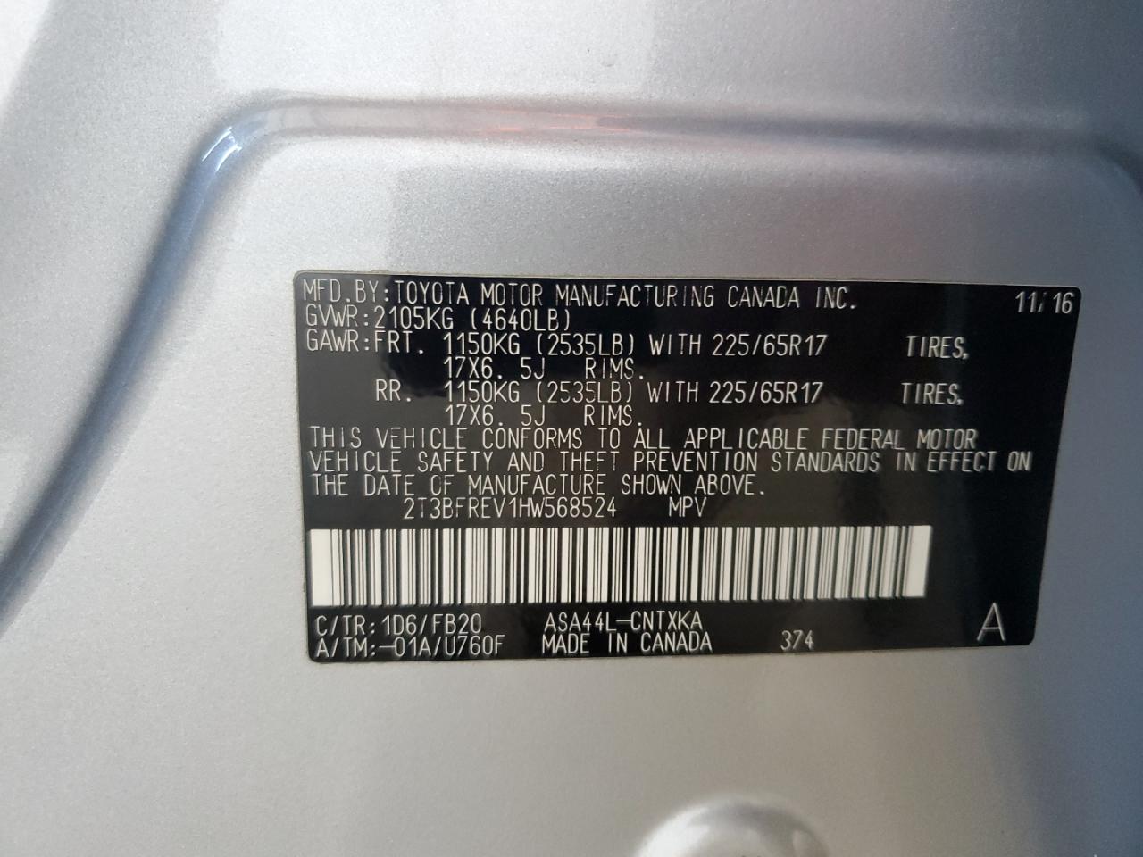 2017 Toyota Rav4 Le VIN: 2T3BFREV1HW568524 Lot: 70725185