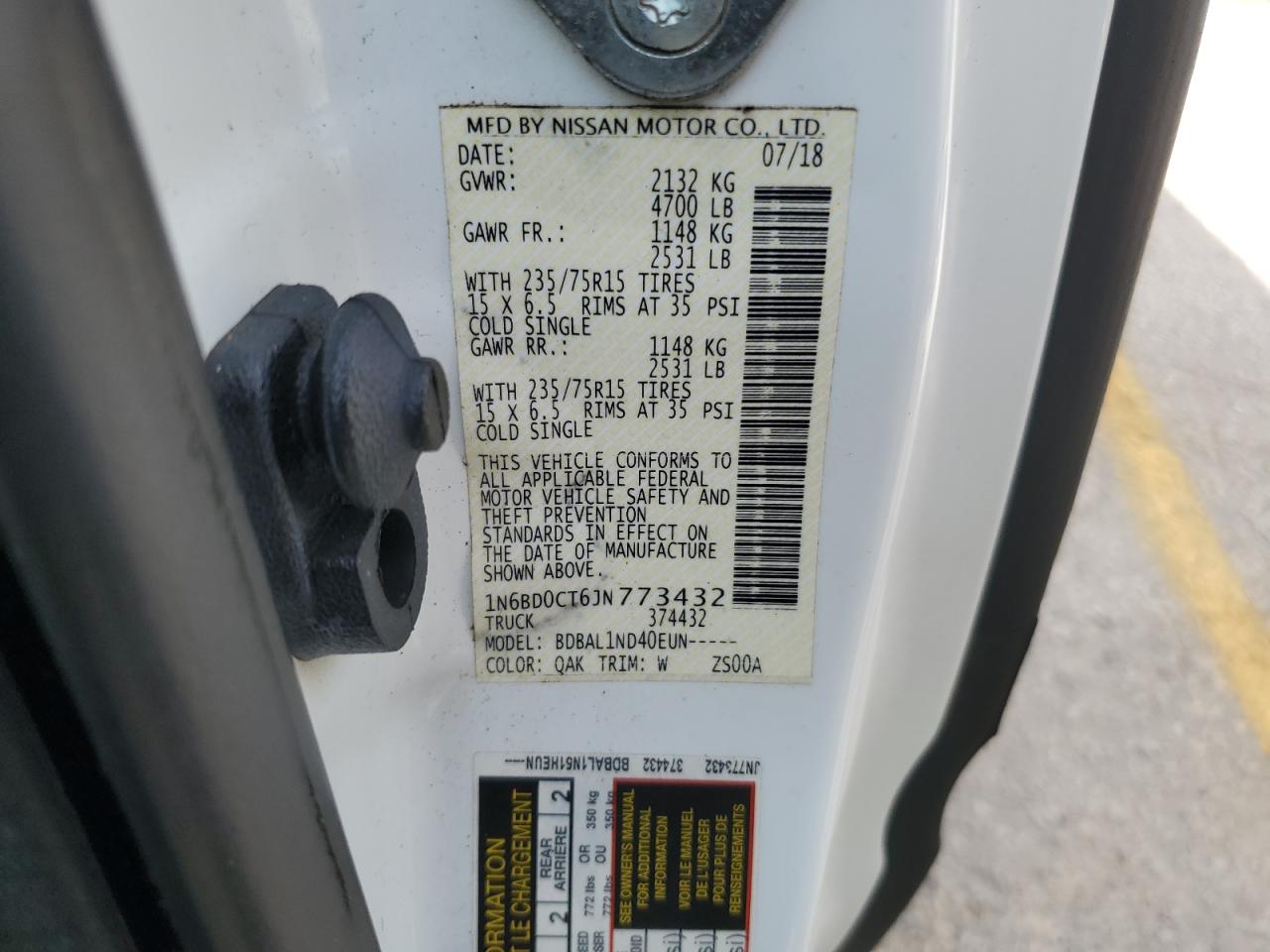 2018 Nissan Frontier S VIN: 1N6BD0CT6JN773432 Lot: 84457945