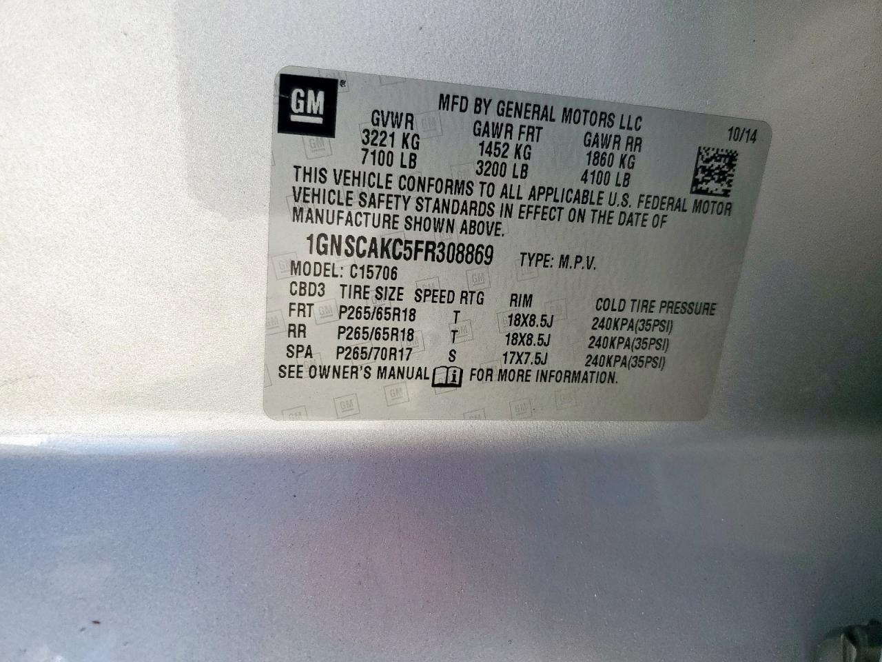 2015 Chevrolet Tahoe C1500 Ls VIN: 1GNSCAKC5FR308869 Lot: 72003065